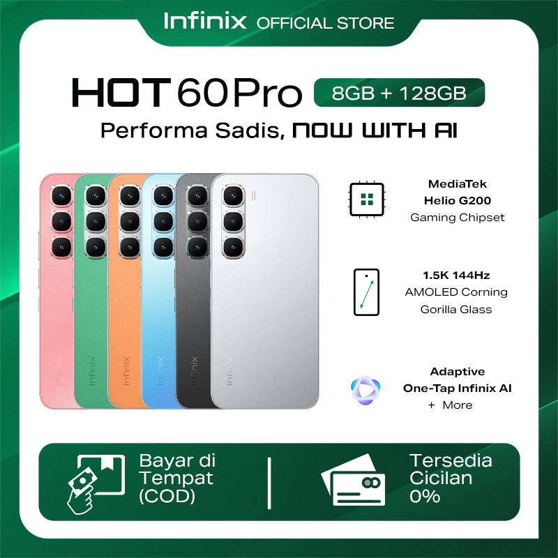 Infinix Hot 60 Pro 8/128Gb - up to 16Gb Extended Ram - Helio G200 - 6.78 Inch 144Hz Amoled - 50Mp - 5160 Mah - Nfc Harga 2,009,000 rupiah*Gratis Ongkir