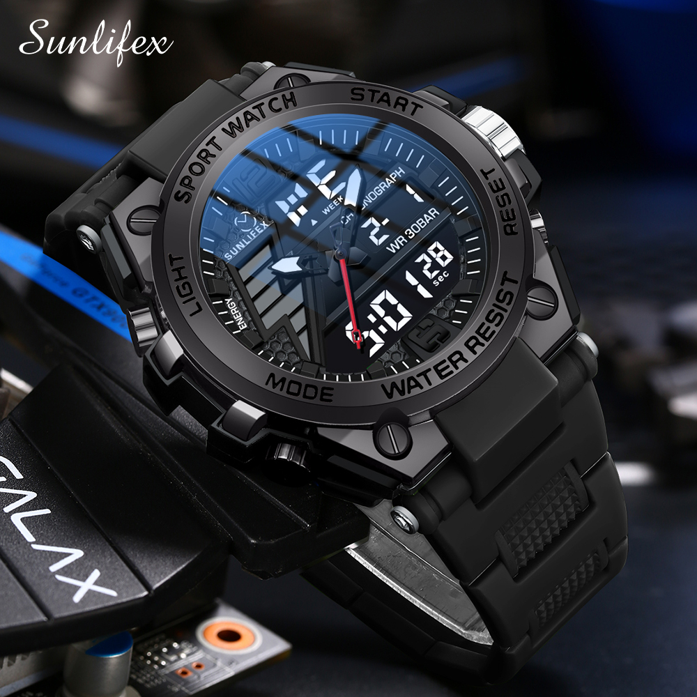 Sunlifex Jam Tangan Pria Digital Analog Tali Silikon Olahraga Kasual Jam Tangan Cowok
