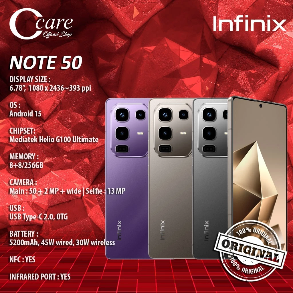 Infinix Note 50 RAM 8/256GB (GARANSI RESMI) - Merek Ccare Harga 2,650,000 rupiah*Gratis Ongkir