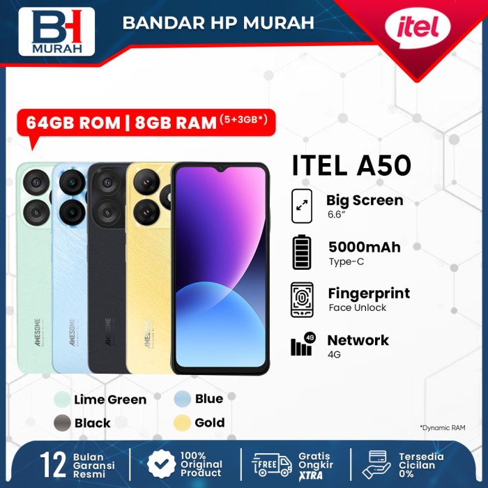 itel A50 Octa-Core Processor- 6'6" Big Screen with Dynamic Display - 5000mAh Big Battery - 8MP+AI Camera Harga  1,002,000 Ringgit*Penghantaran Percuma