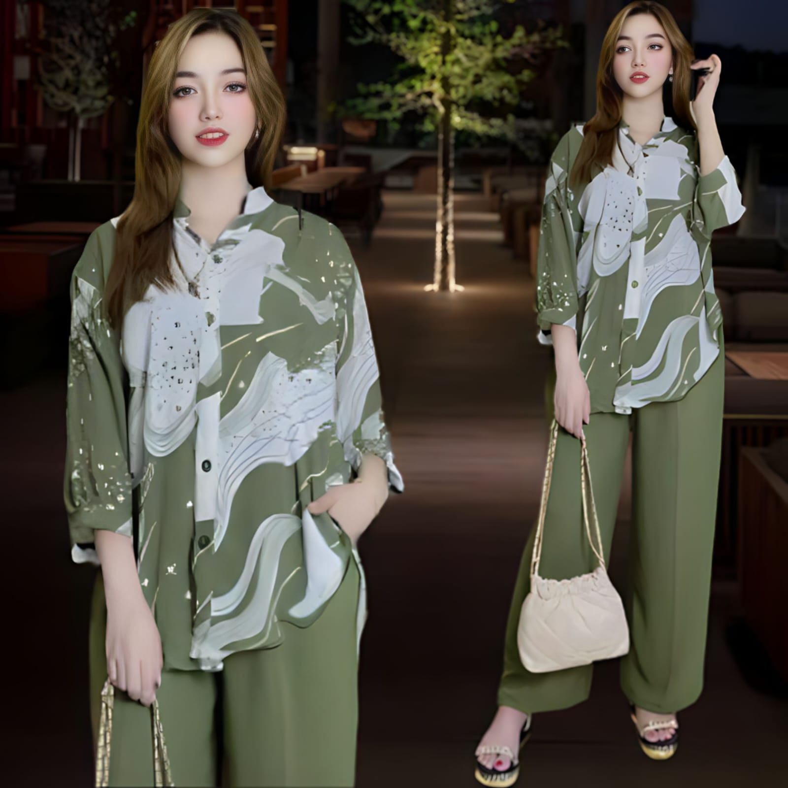 Ulrica Setelan Crincle Wanita Kekinian LD 120 Atasan Kemeja Oval Celana Lurus Bahan Crincle Airflow