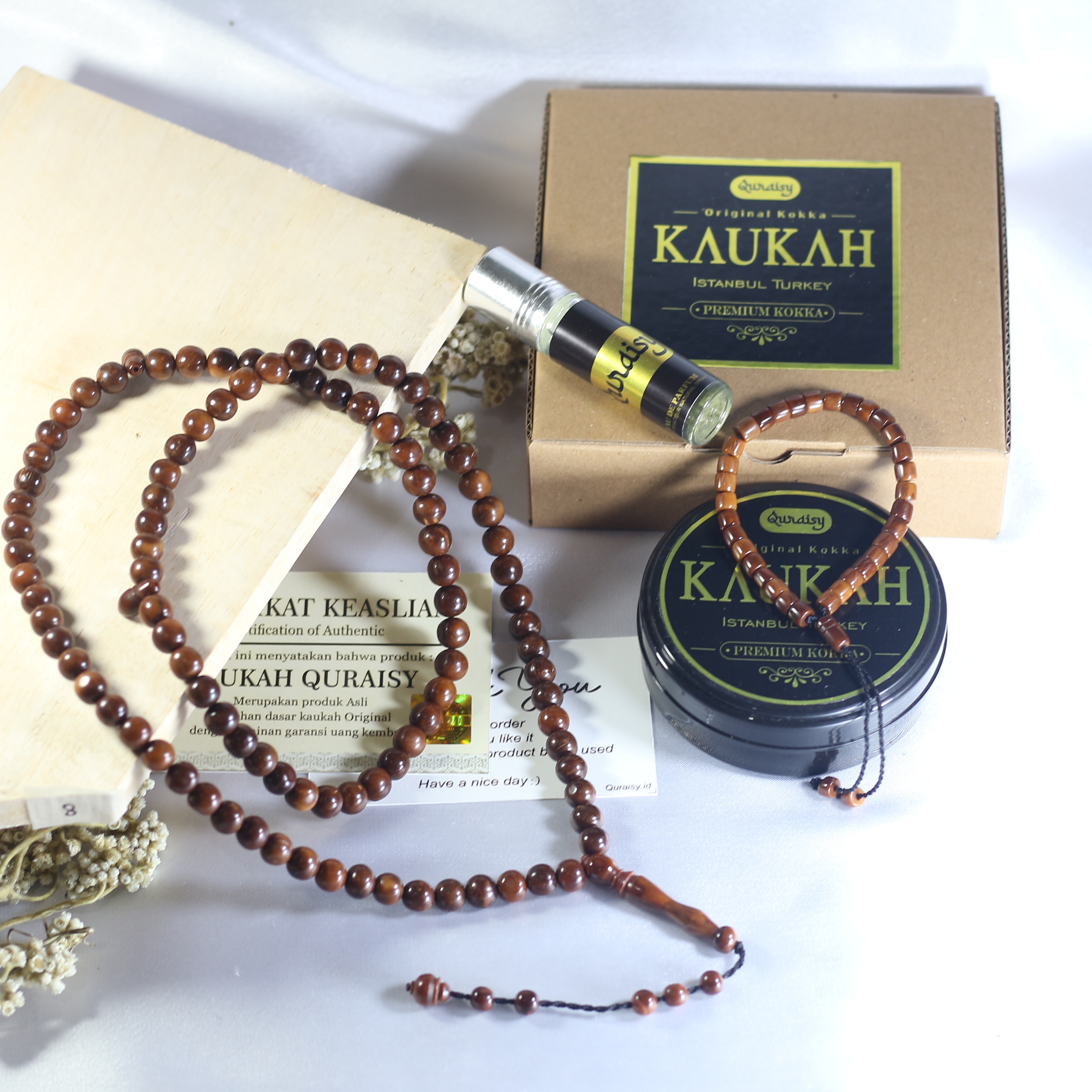 Quraisy Kaukah Tasbih Kaokah Asli 100 Kokka Arab Ori 8mm Bersertifikat Free Parfvm Dan Gelang Kayu Kokah
