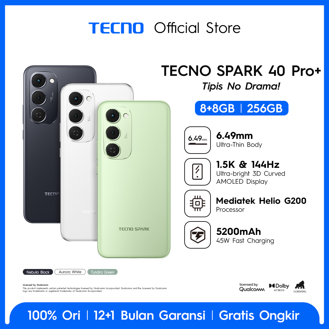 Tecno Spark 40 Pro+ - 8+8Gb*/256Gb, Mediatek Helio G200, 30W Wireless Charge, 1.5K & 144Hz 3D Curved Amoled Display, Ultra Thin Body, 5200Mah+45W Fast Charge, Ip64 - Spark40Proplus Harga  2,899,000 Ringgit*Penghantaran Percuma