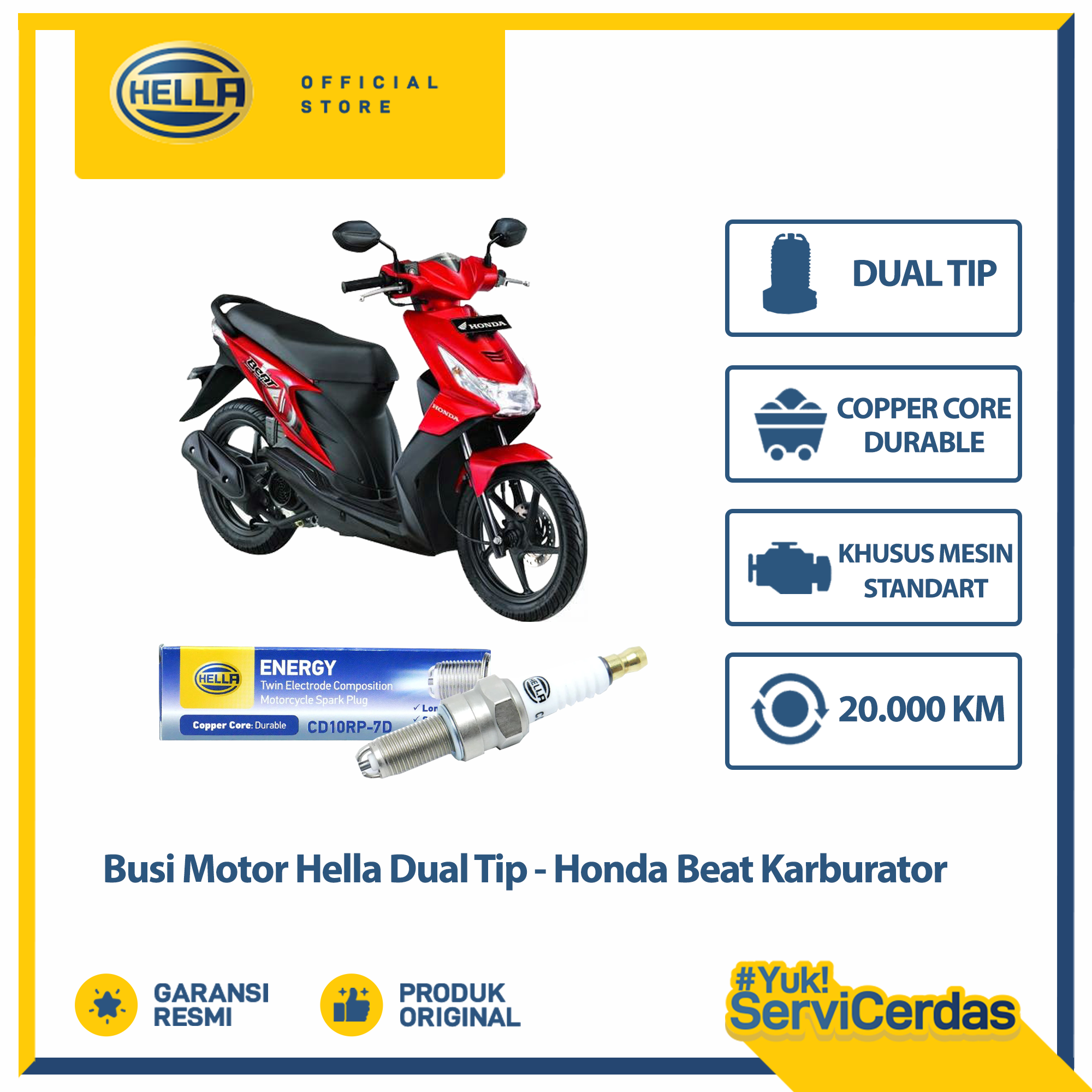 Busi Motor Honda Beat Karburator Hella Dual Tip CD10RP-7D - Busi Beat Karburator Harga 25,000 rupiah*Gratis Ongkir