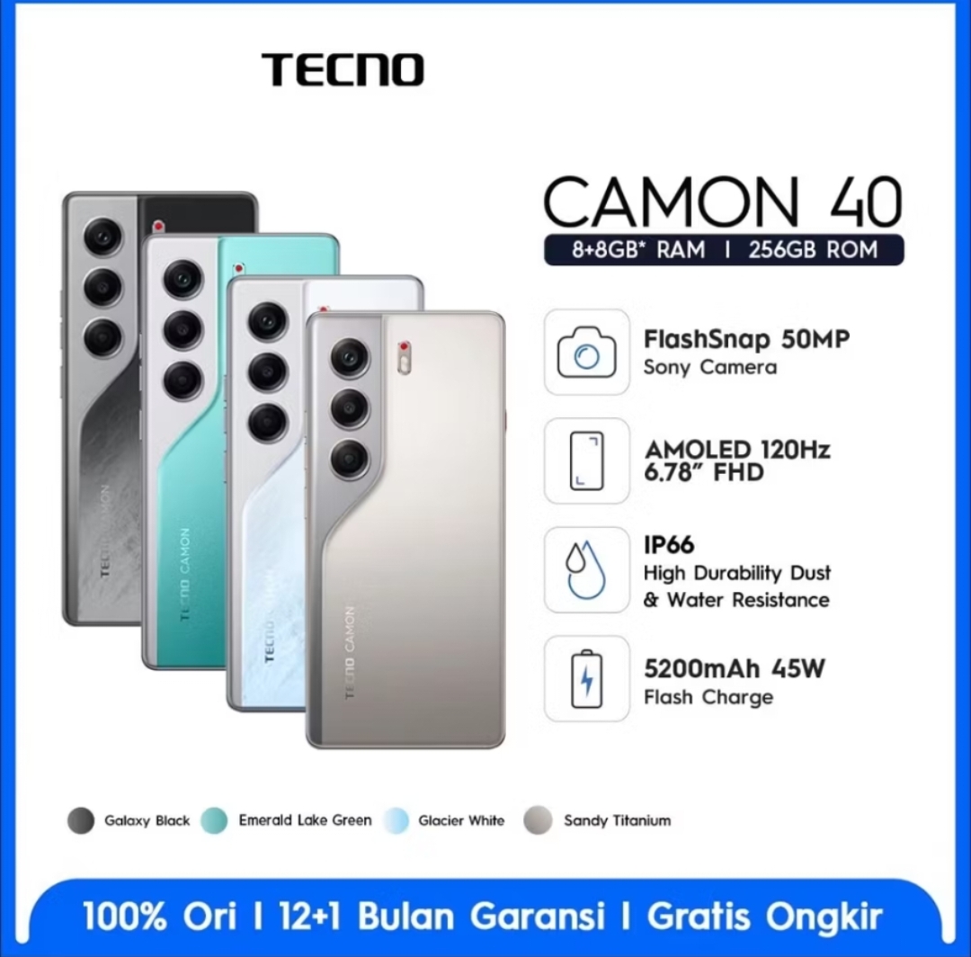 Tecno Camon 40 NFC (8/128GB - 8/255GB) - 6.78 inch AMOLED curve-Li-Po 5200mah-fast charging 45W official warranty 12 + 1 month Harga  2,693,000 Ringgit*Penghantaran Percuma