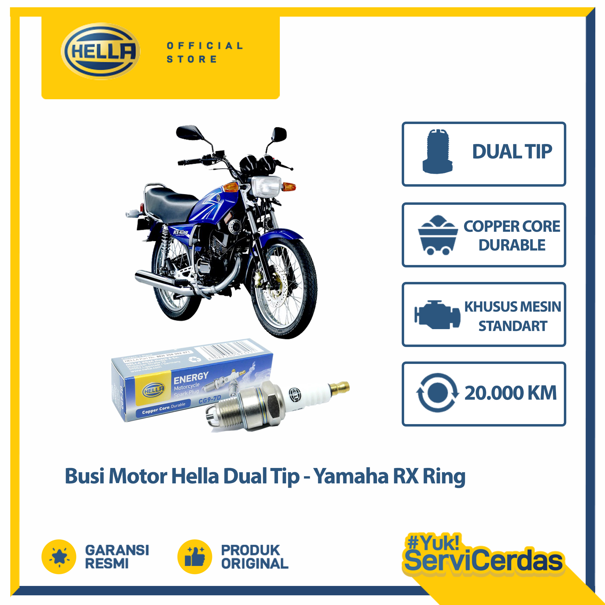 Busi Motor Yamaha RX king Hella Dual Tip CG9-7D - Busi RX king Harga 25,000 rupiah*Gratis Ongkir