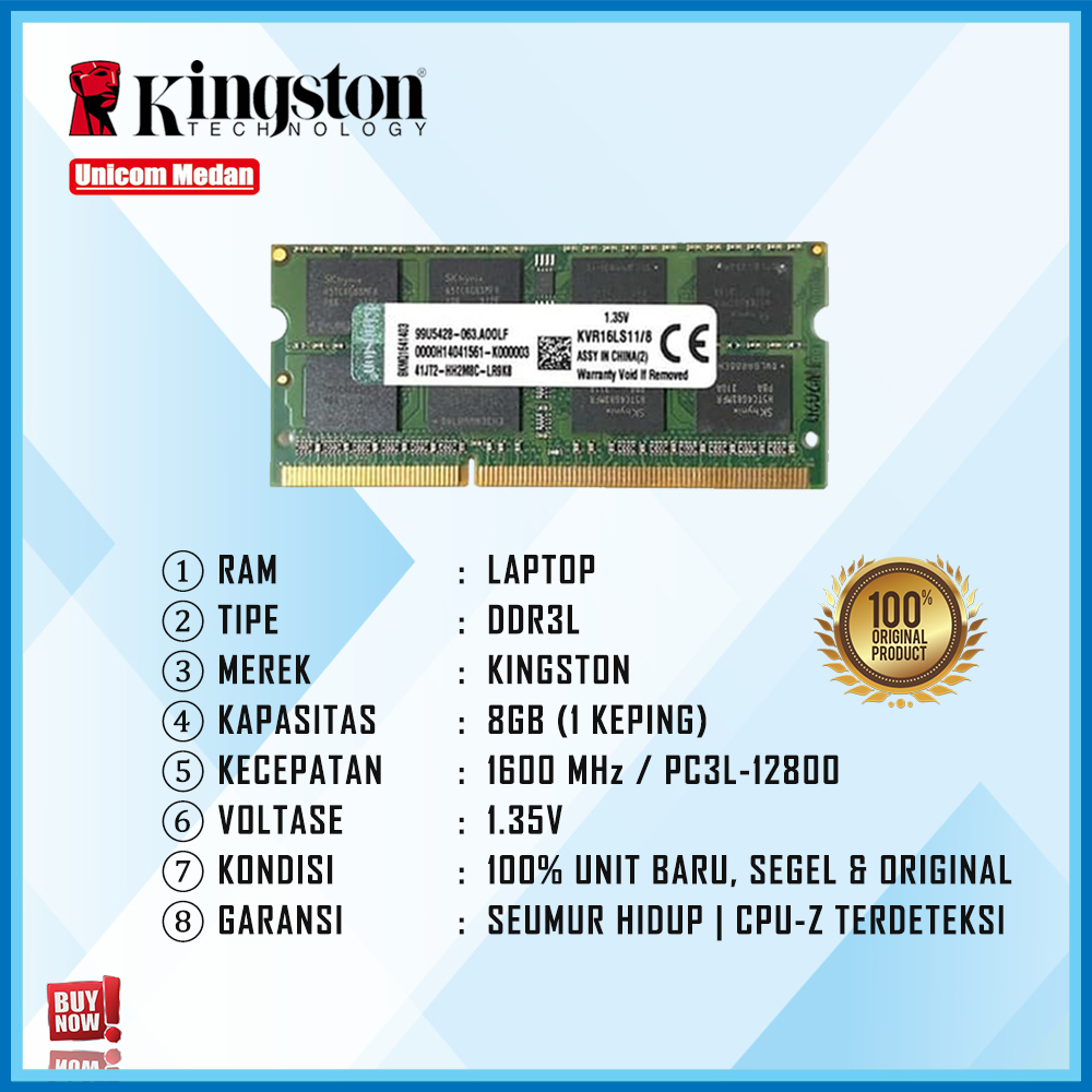 RAM LAPTOP DDR3 8GB 1600MHZ PC3 12800 KINGSTON Ram 100% Unit Baru