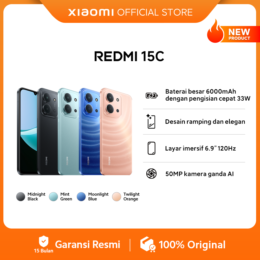 Xiaomi Redmi 15C (6Gb/128Gb) (8Gb/256Gb) | Large 6000Mah Battery with 33W Fast Charging | Slim and Elegant Design | 6.9-Inch 120Hz Immersive Display | 50 Mp Dual Ai Camera [Official Store] Harga 1,748,000 rupiah*Gratis Ongkir