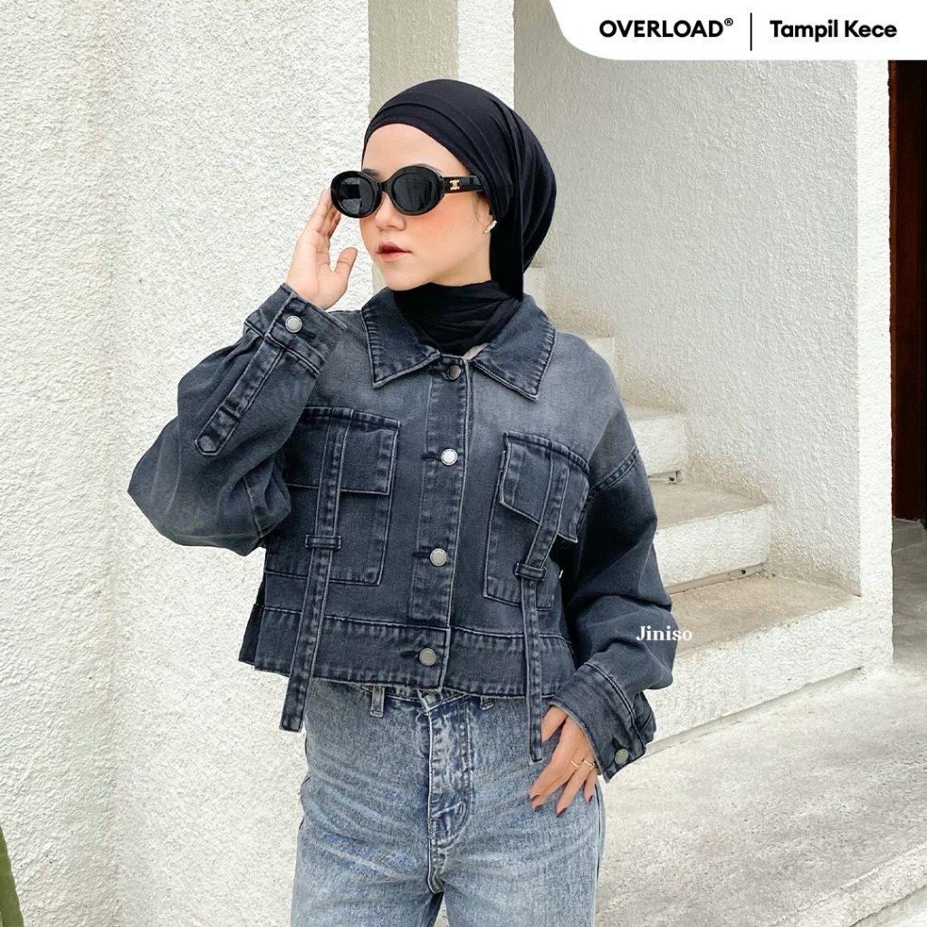 JINISO Jaket Crop Jeans Oversize Boxy Black Spray Harga 206,500 rupiah*Gratis Ongkir
