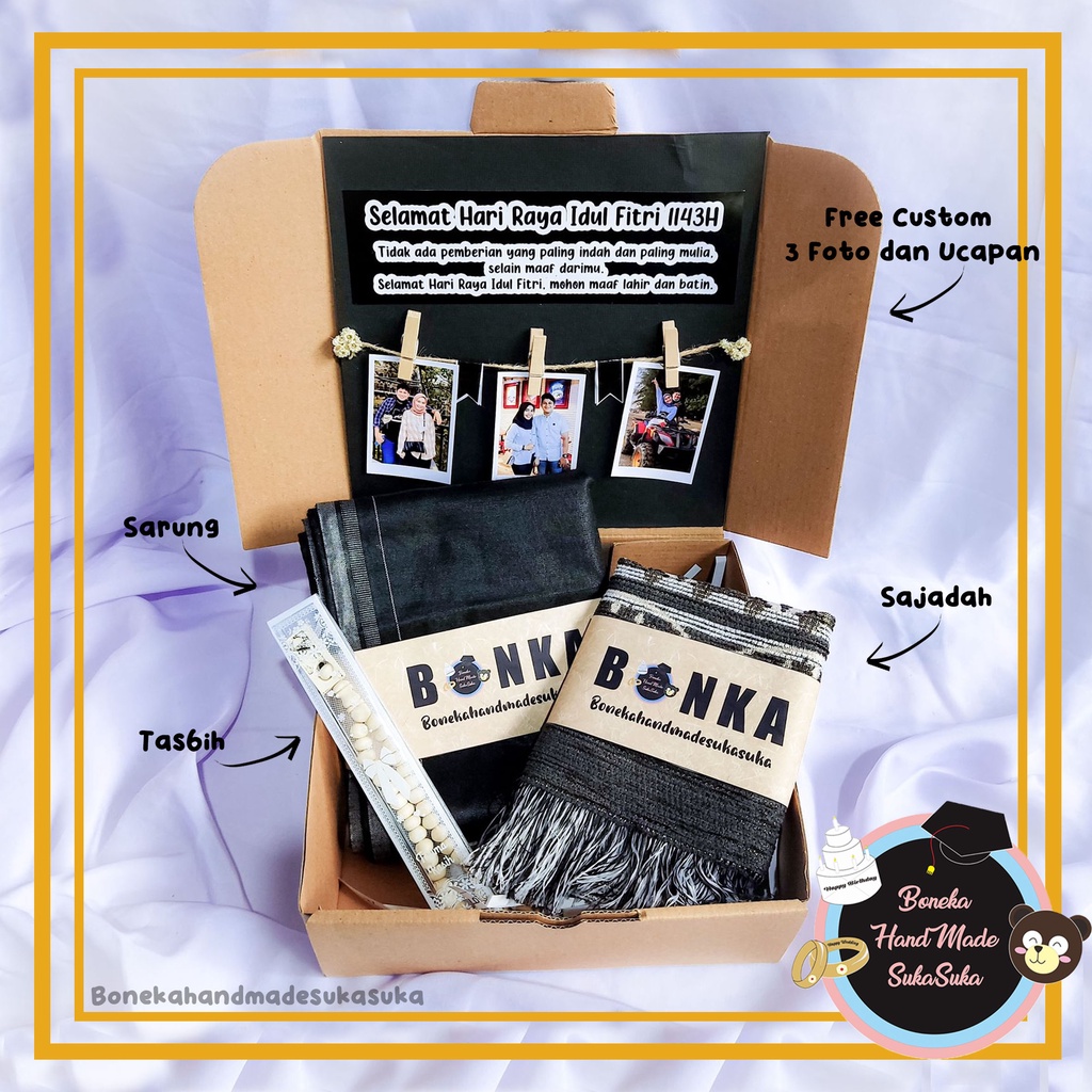 Hampers Cowok Sholeh 3 in 1 Sarung Sajadah Tasbih Kayu atau Tasbih Digital Free Custom Foto dan Ucapan…