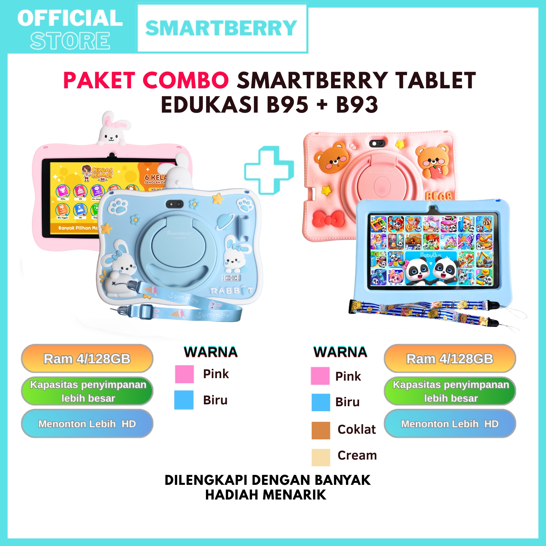 Smartberry Combo 2 Tablets B95 + B93 Kids Study Tab Children's Education 7 Inch 4Gb/128Gb Harga 1,539,999 rupiah*Gratis Ongkir
