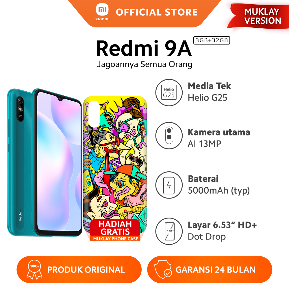 Xiaomi Redmi 9A (3GB+32GB) Muklay Edition Layar DotDrop 6.53" HD+, Baterai 5000mAh, Prosesor Helio G25, 13MP AI (Promo Berlaku Selama Persediaan Tersedia dan Hanya di Wilayah Jabodetabek) Harga  1,299,900 Ringgit*Penghantaran Percuma