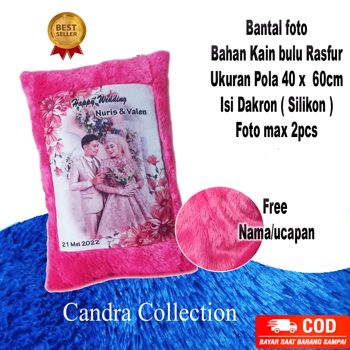 Candra Collection BANTAL FOTO CUSTOME nama 40x60cm rasfur hadiah pernikahan kado anak wisuda CC002