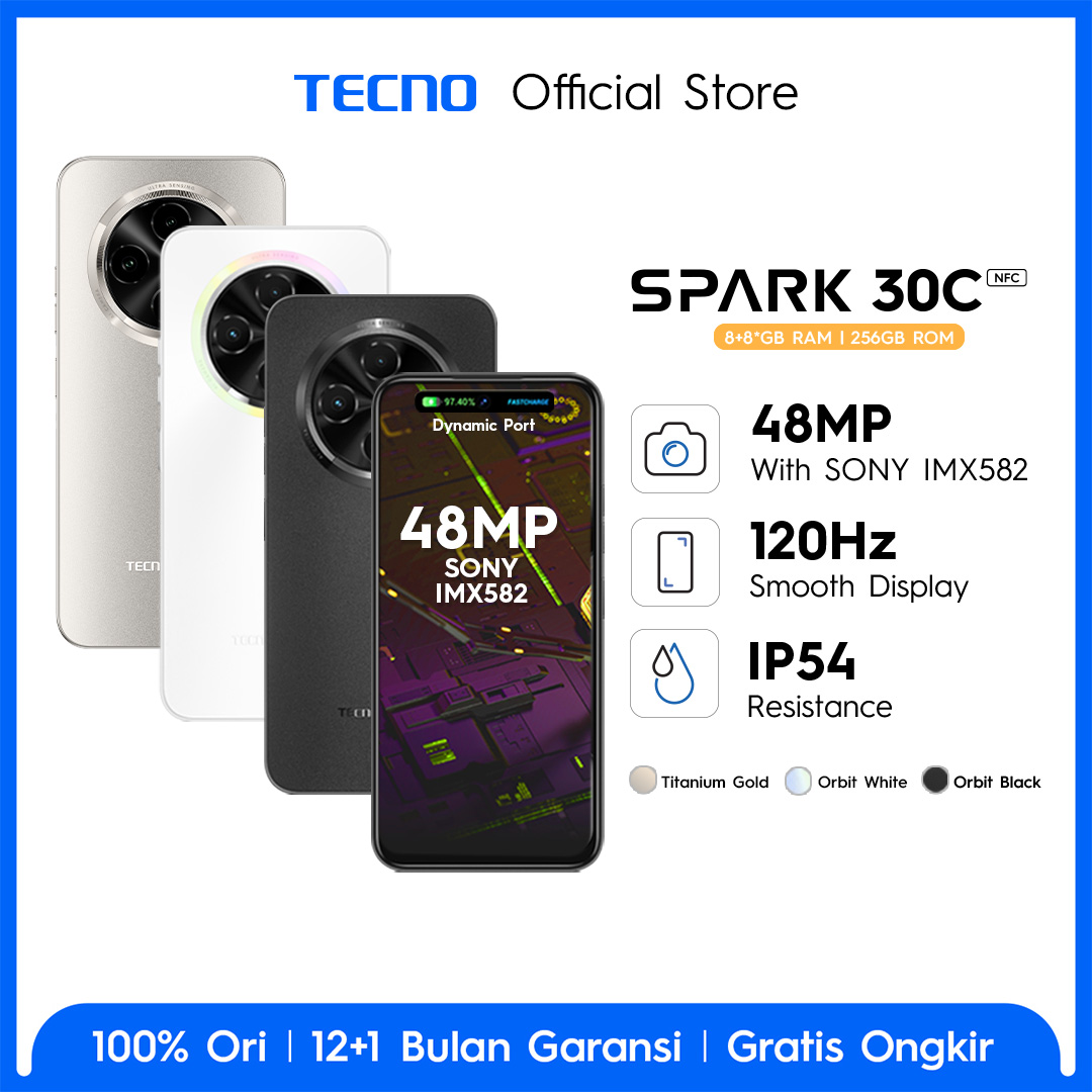 TECNO SPARK 30C– 8GB+8GB*+256, 120Hz Display, Sony 48M Camera,Helio G81,5000mAh, IP54,7.8mm Ultra Slim,NFC Harga  1,799,000 Ringgit*Penghantaran Percuma