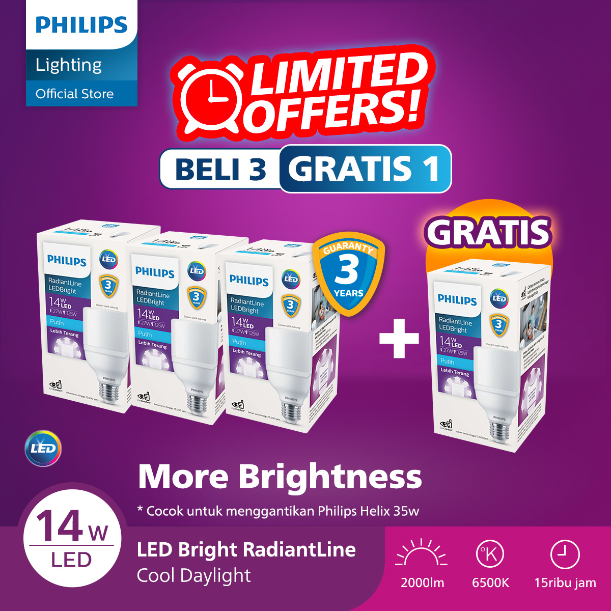 Philips Lampu LED Paket Beli 3 Gratis 1 Lampu Radiantline LED Bright 14W 6500K Putih Harga  176,400 rupiah*Gratis Ongkir
