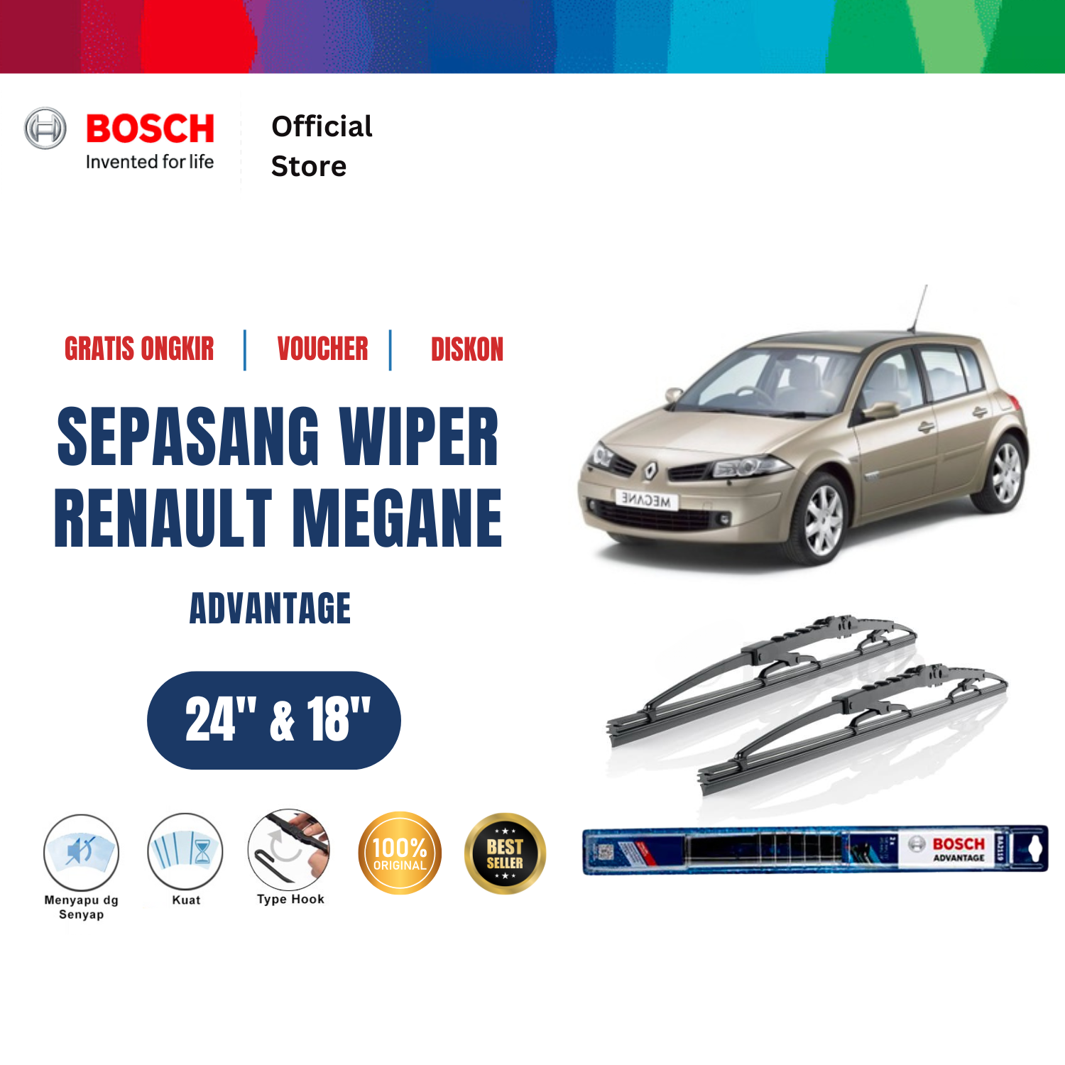 Bosch Sepasang Wiper Kaca Mobil Renault Megane Hatchback 2002-2006 Advantage 24" & 18" - 2 Buah/Set - Hitam Harga 137,955 rupiah*Gratis Ongkir