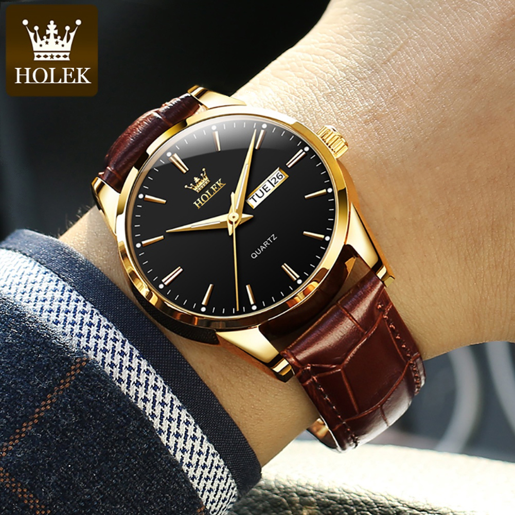 HOLEK H001 Jam Tangan Couple Anti Air 100% Luxury Fashion Tali Kulit Terbaru Dewasa Watch