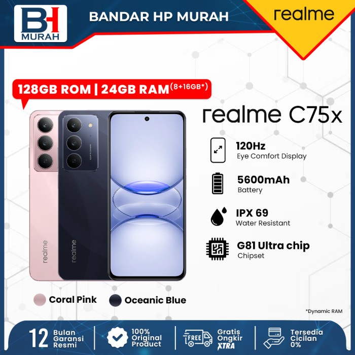 realme C75x 8GB+16GB*|128GB (IP68/69 Anti debu & Air | Military Grade shock resistance | Baterai 5600mAh 45W Fast Charge) Giá 1,934,000 Đồng*Miễn phí vận chuyển