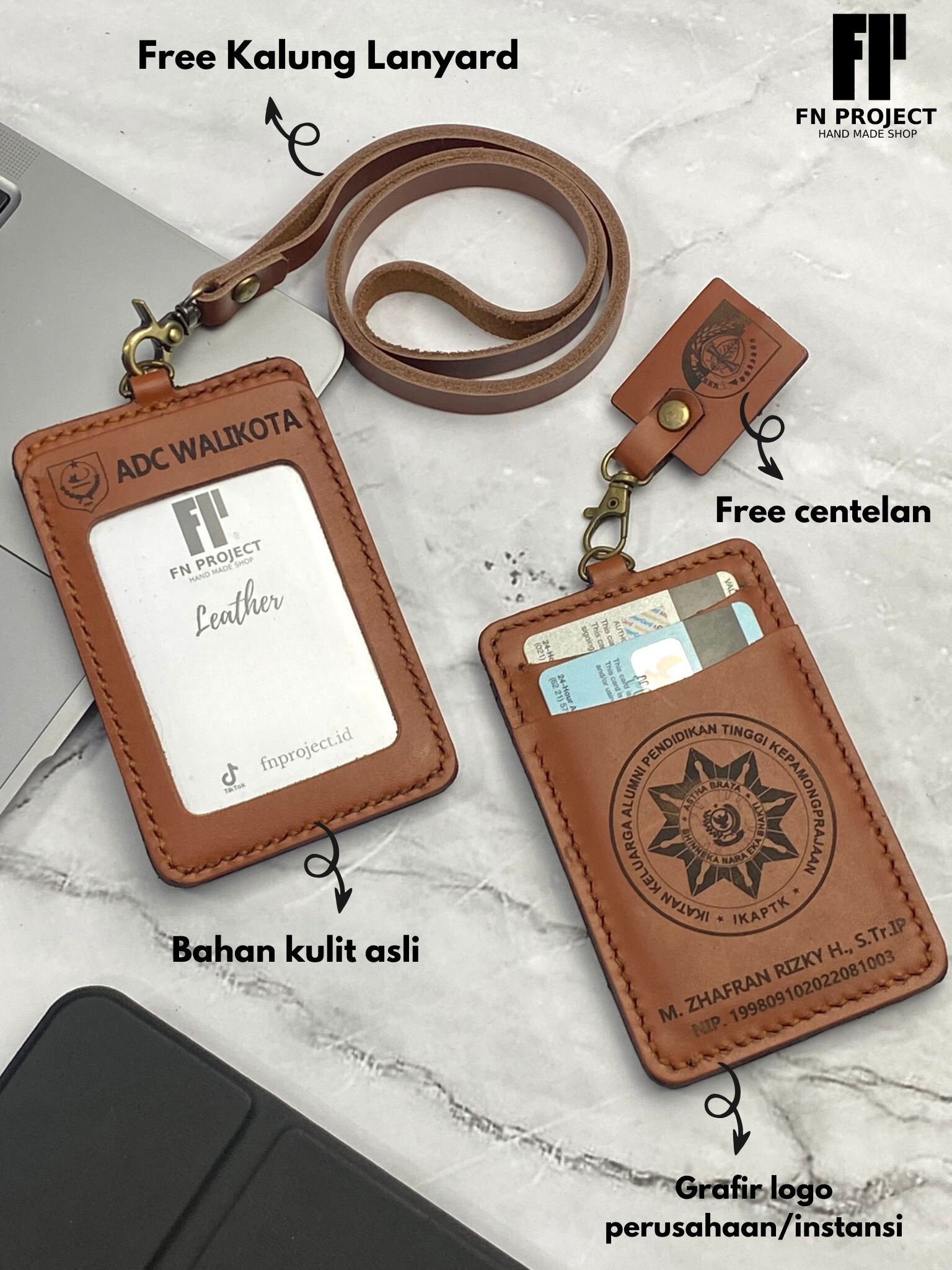 Lanyard ID Card Holder Kulit Name TAG Kulit 3 Tempat Kartu Custom Nama Logo 1 Hari Jadi