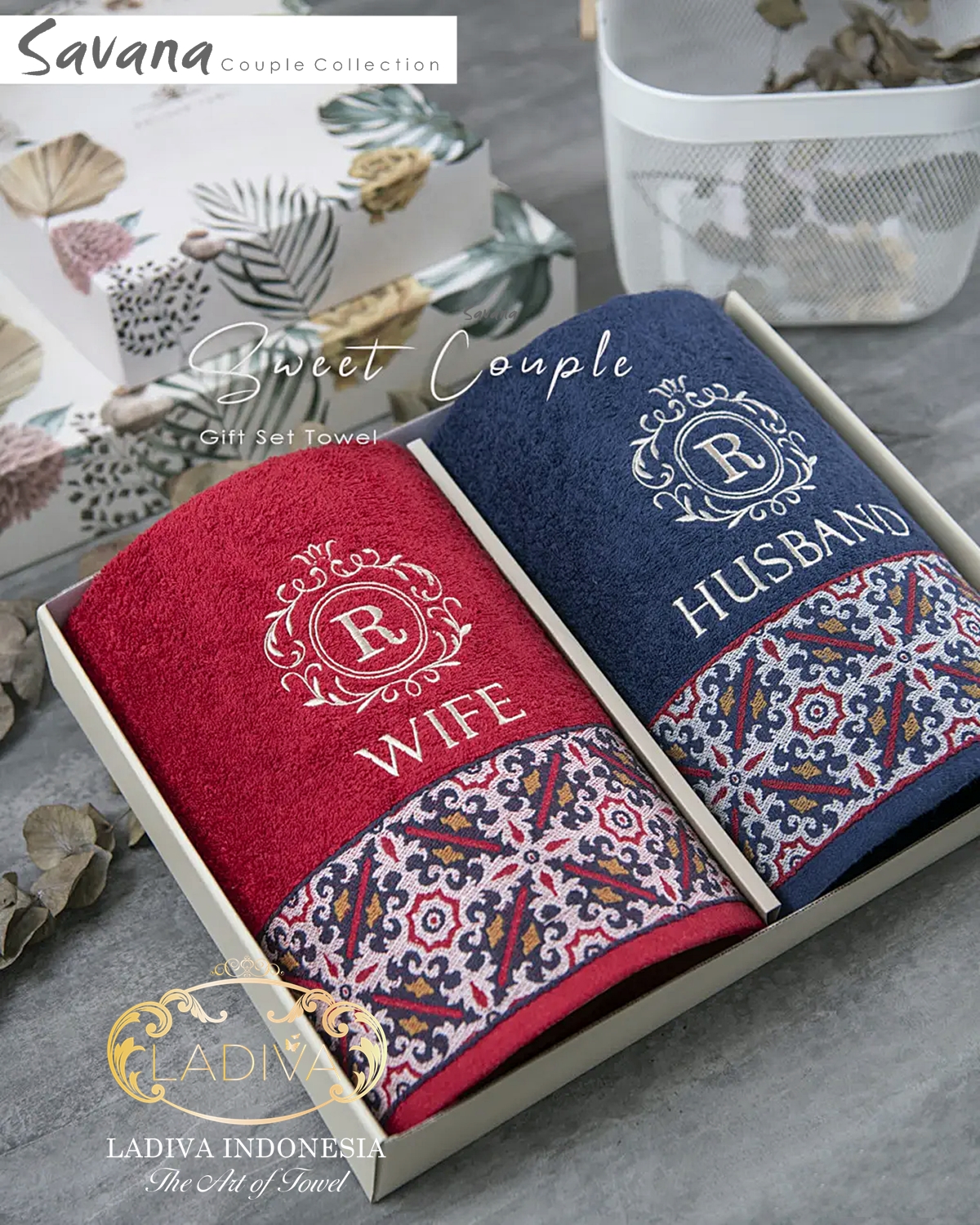 LUXURY Hampers Couple Premium - Handuk Couple Savana Series + Custom Bordir + Exclusive Box + FREE Karβ¦