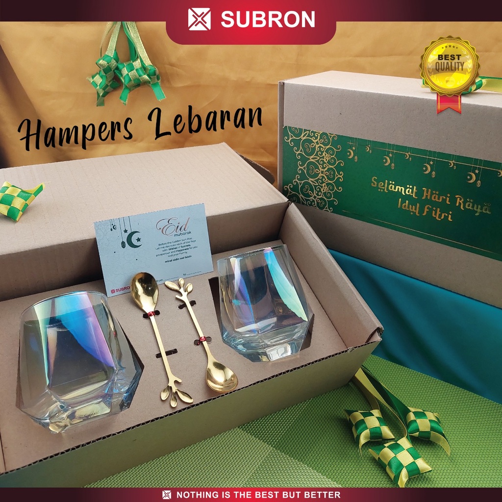 SUBRON Hampers gelas kaca cantik Lebaran Idul Fitri kado hadiah hadiah parcel sendok aesthetic