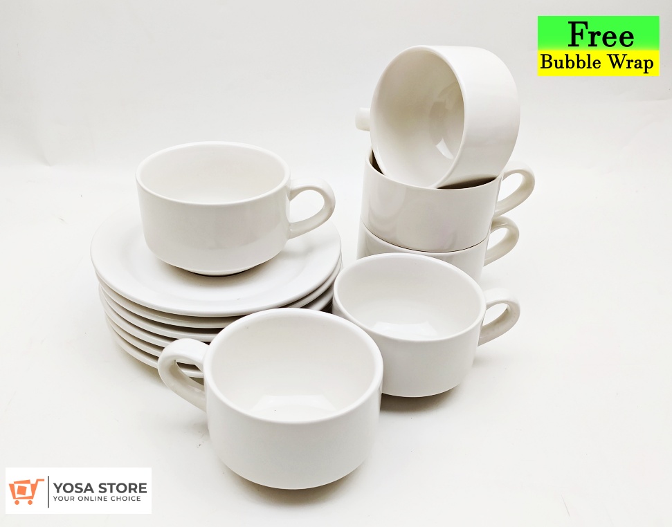 12 Pc Plain White Ceramic Hotel Tea Coffee Cup Set - Premium Quality
