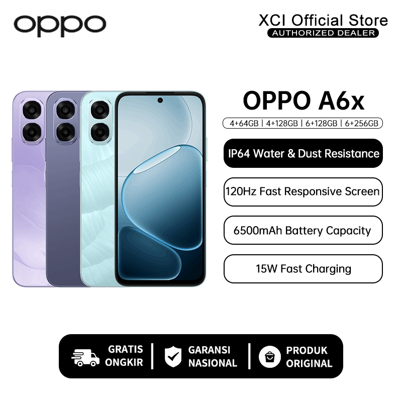 [Official Store] Oppo A6X 4/64Gb 4/128Gb 6/128Gb Ip64 Water and Dust Resistant 6500Mah Large Battery Harga  1,599,000 Ringgit*Penghantaran Percuma
