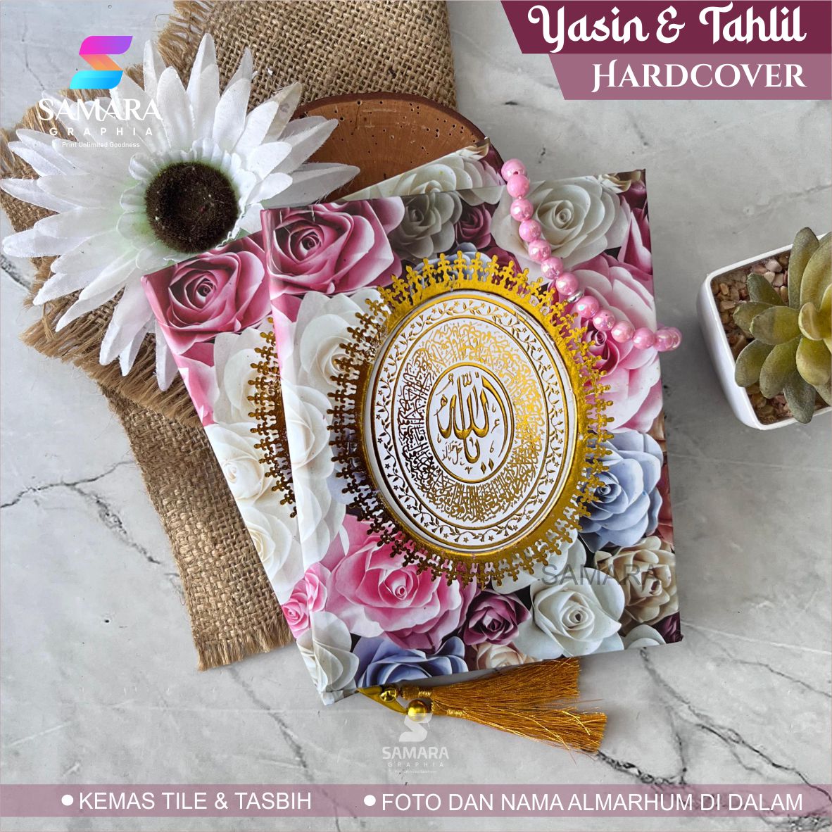 10 pcs Buku Yasin dan Tahlil Hardcover lengkap foto almarhum custom BUNGA 3