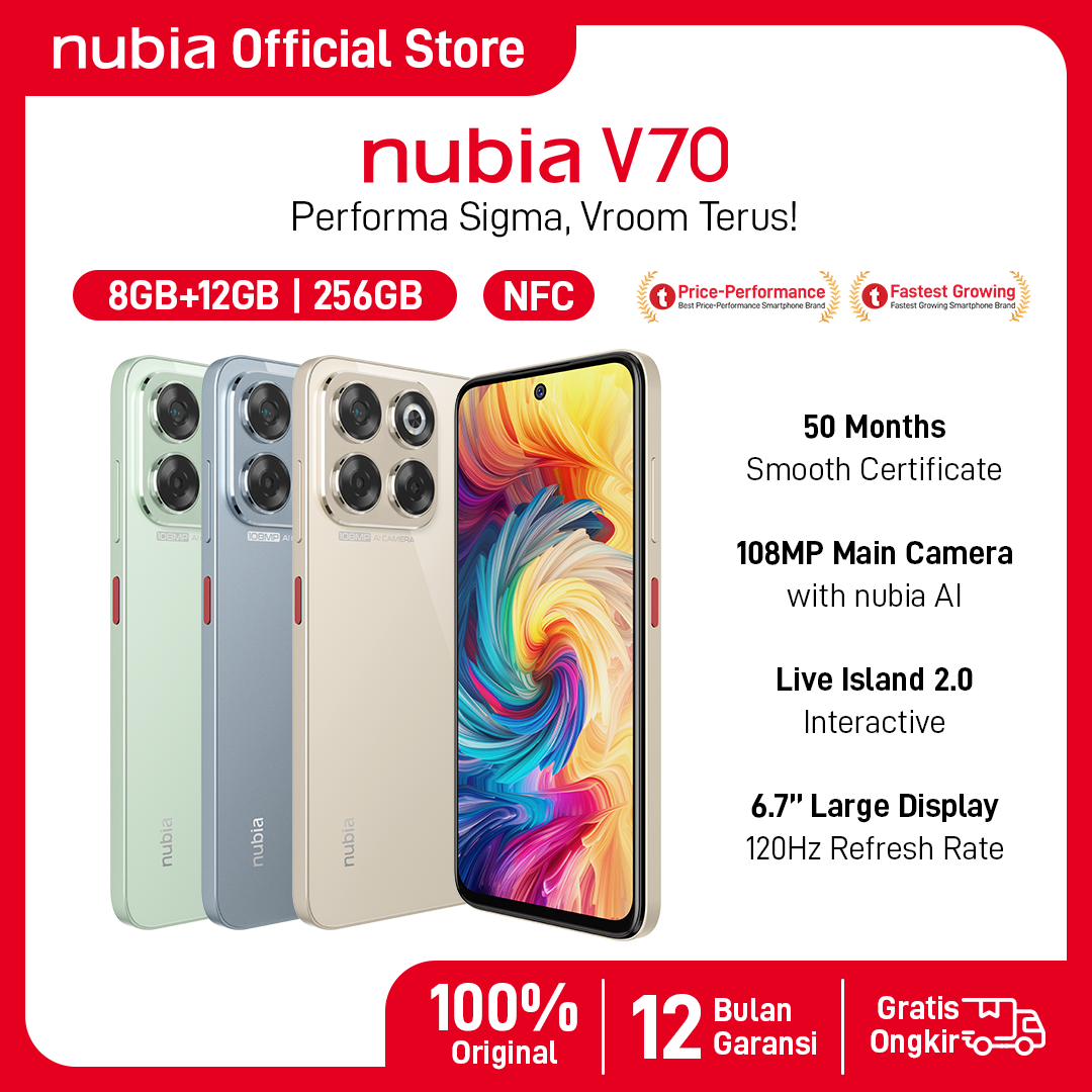 [New Product] Nubia V70 NFC RAM 8GB + 12GB ROM 256GB 108mp ultra clear camera 5000 mAh 33W fast charging 6.7fhd + ultra smooth display official warranty Android - Merek nubia Harga 2,209,000 rupiah*Gratis Ongkir