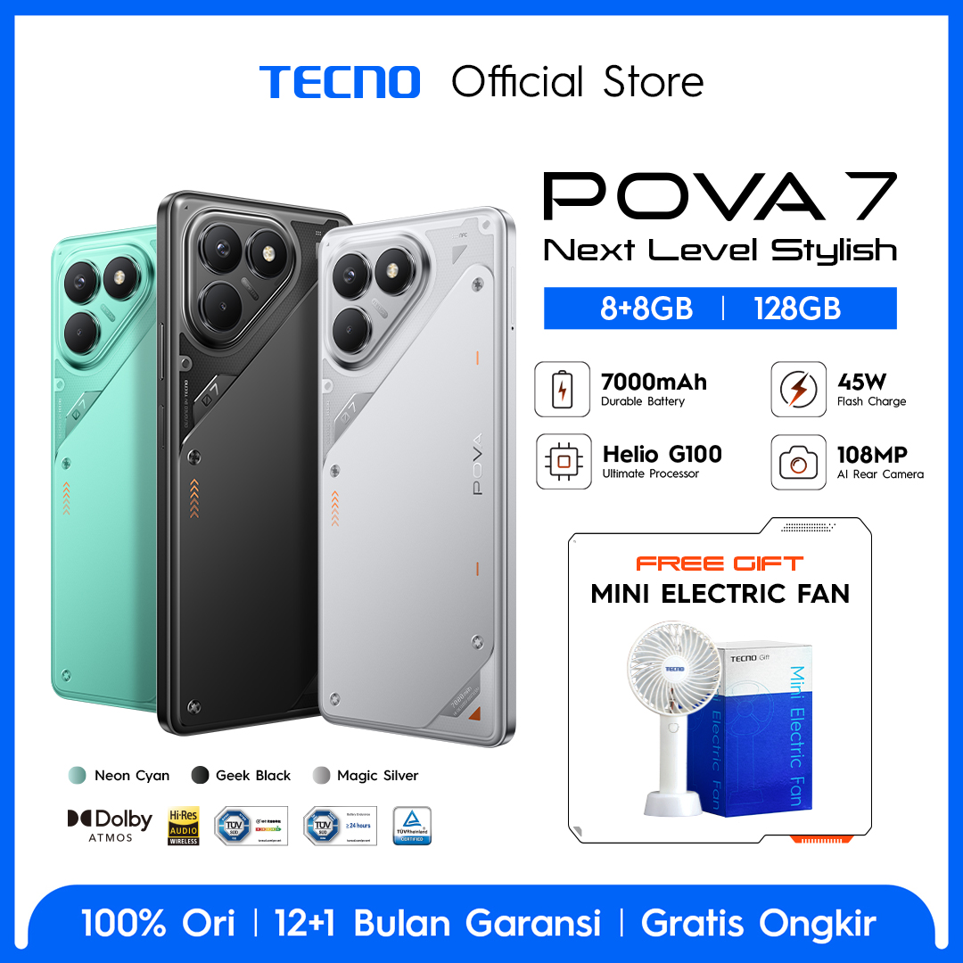 Tecno Pova 7 - 8+8Gb*/128Gb, 7000Mah + 45W, Mediatek Helio G100 Ultimate, 120Hz Vivid Display, 108Mp + 2Mp Macro Camera, Android 15 - Hios 15 Giá 2,259,000 Đồng*Miễn phí vận chuyển