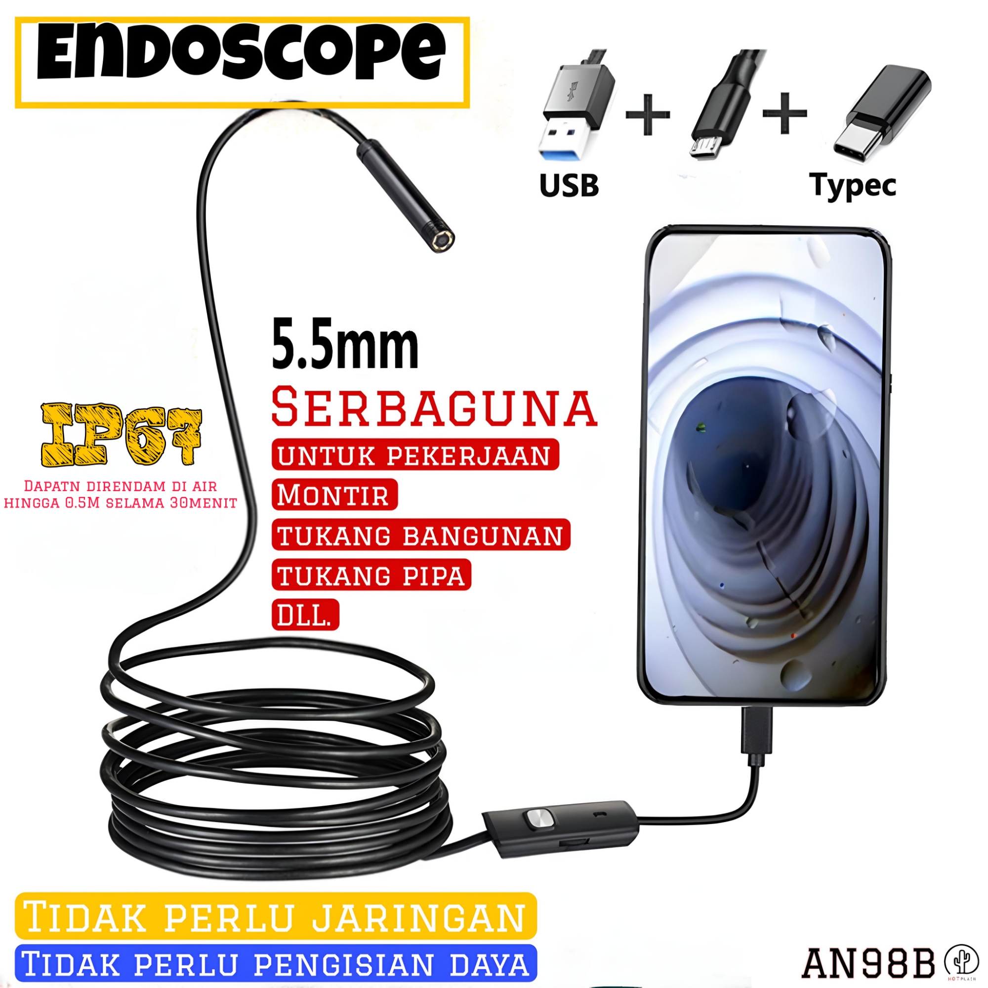 Kamera Endoscope Android Kabel 5M 7mm 6Led Waterproof IP67 Mini Camera THBR Harga 59,000 rupiah*Gratis Ongkir
