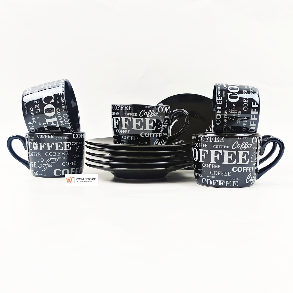 Cangkir Set Keramik Teh /Kopi motif COFFE Black and White 12 Pcs
