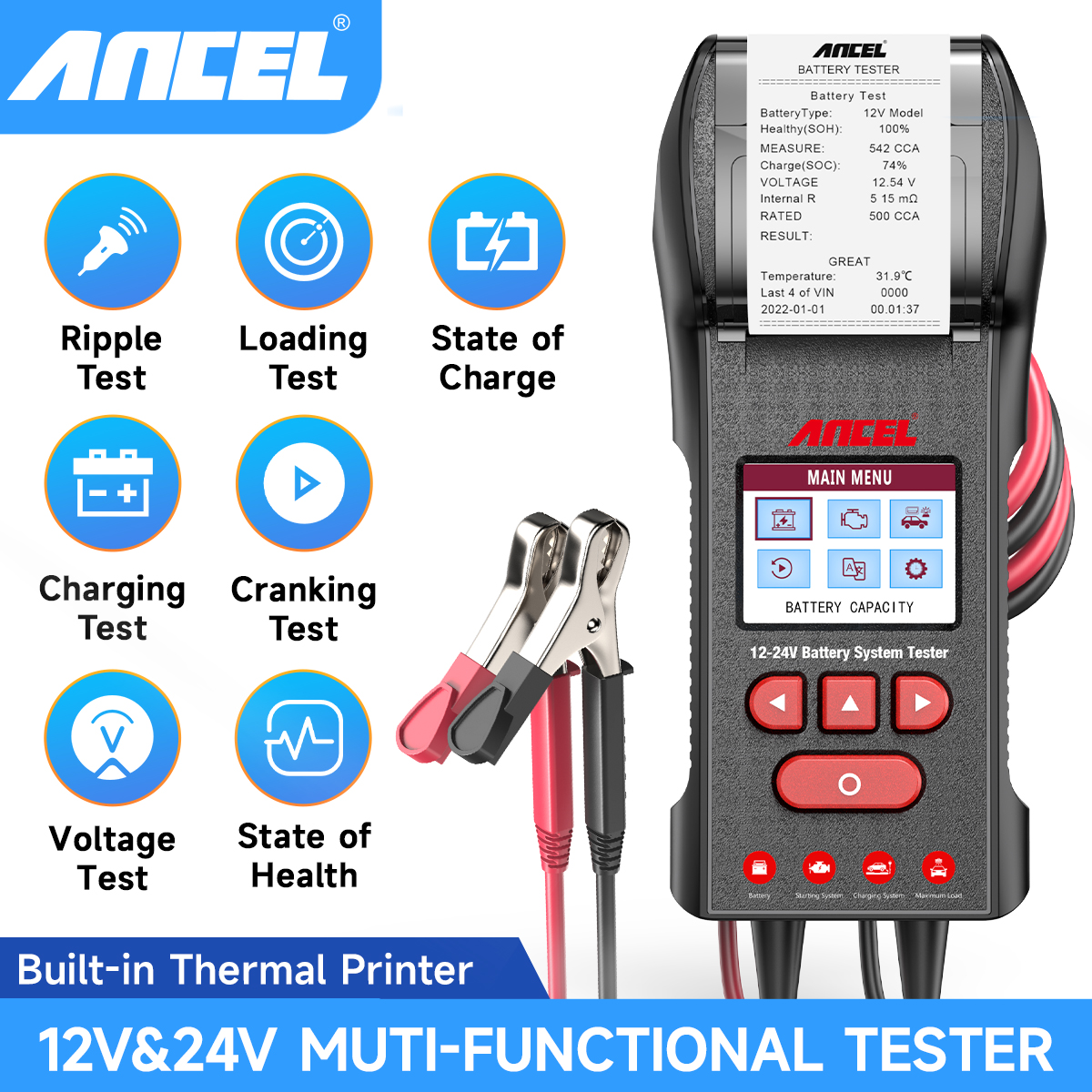 ANCEL BST600 12V 24V Battery Tester With Thermal Printer Digital Auto Battery Load Tester Battery Health Analyzer Battery Monitor Motorcycle Battery Tester Heavy Duty Truck Battery Detecter Car Diagnostic Tool Harga 1,612,000 Ringgit*Penghantaran Percuma