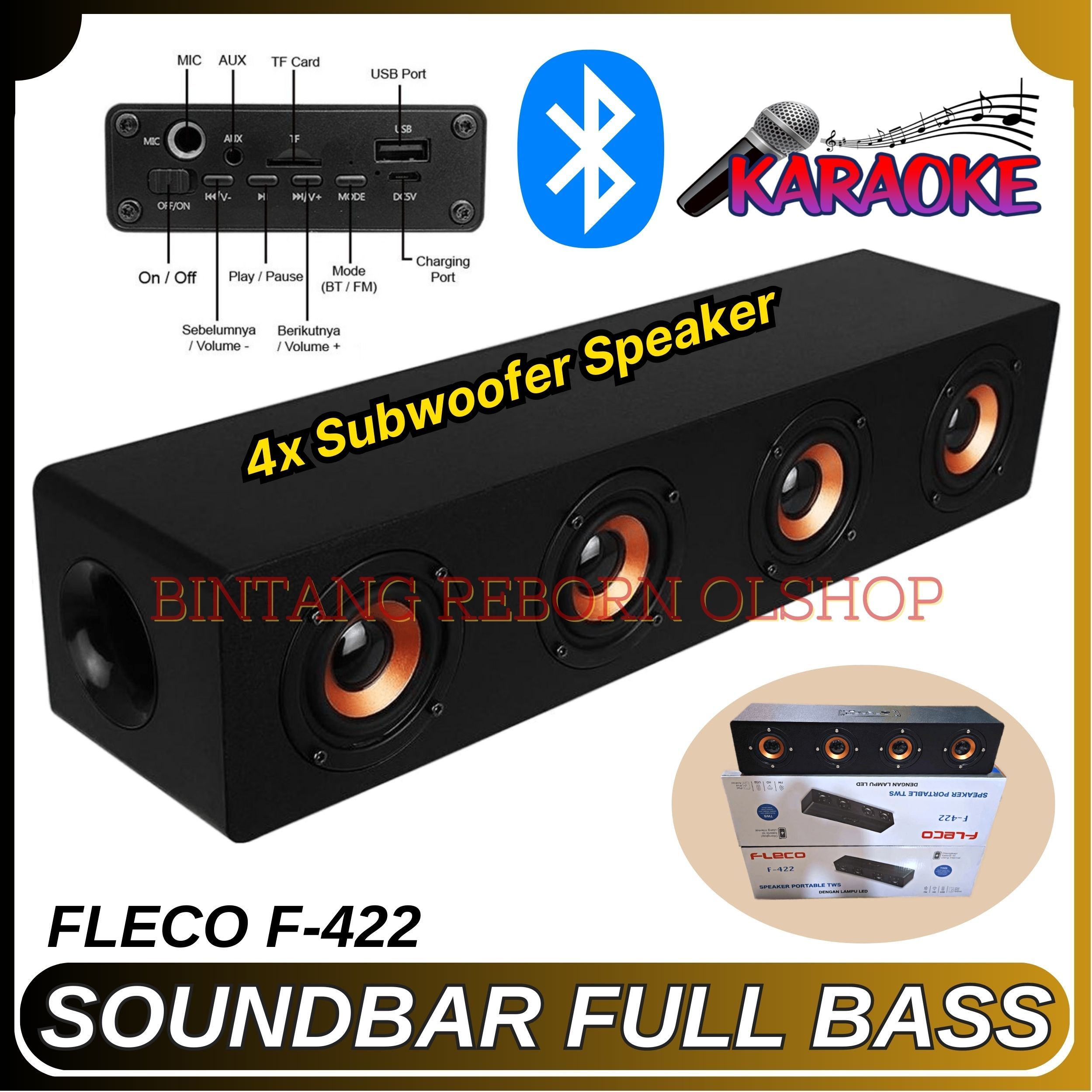 Soundbar Super BASS FLECO F-422/ F-788BT Speaker Panjang Soundbar Bluetooth Stereo Subwoofer Theater Audio 3D Efek Suara Bisa Dicas Baterai 3000mAh 4x Subwoofer Support TWS + Lampu LED - TASMAN COLLECTION Harga 207,000 rupiah*Gratis Ongkir