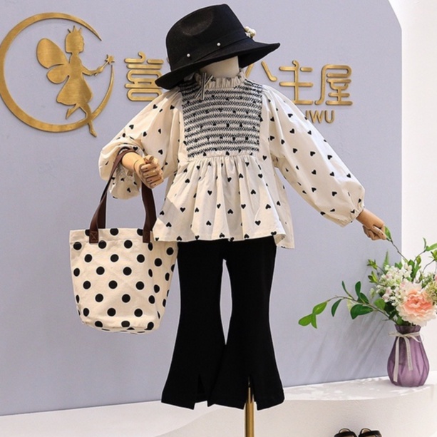 Ssp10-girls sets suit polkalove shirt + long cut-bottoms pants Harga  114,900 rupiah*Gratis Ongkir