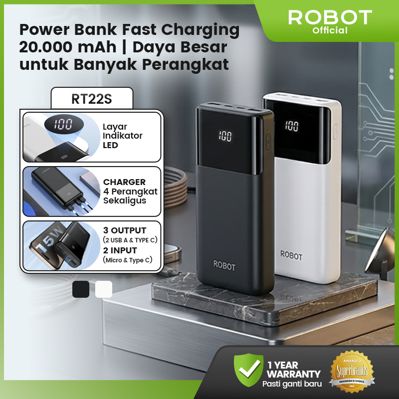 Robot powerbank 20000mAh real capacity fast charging 15W power Bank 3 output charger 4 devices at once with LE