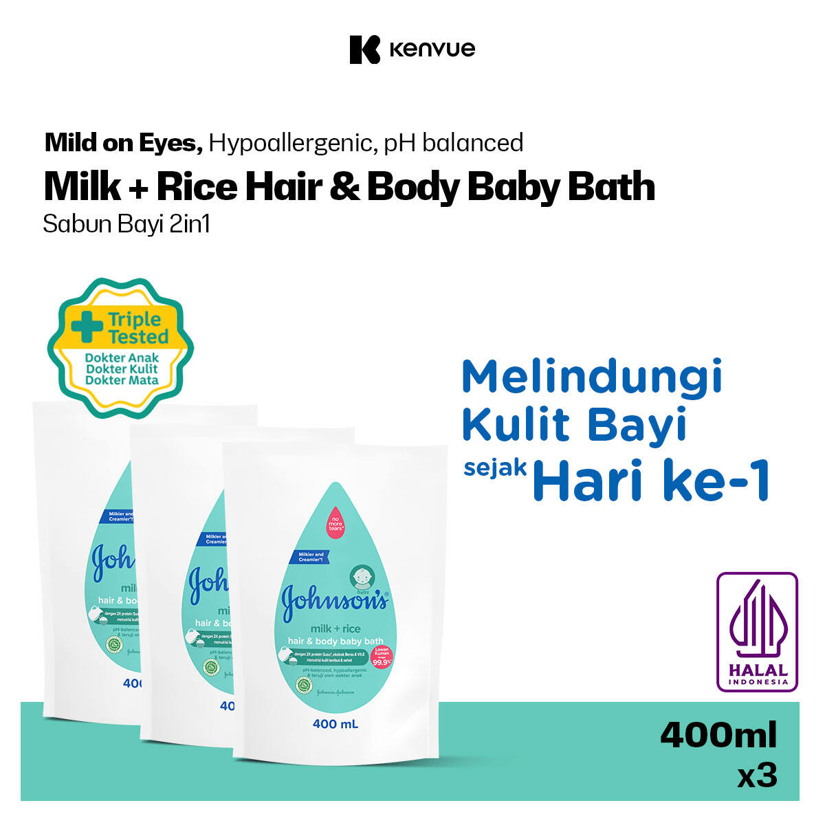 [Paket isi 3] JOHNSON'S Milk + Rice Hair & Body Baby Bath 2in1 Refill 400ml - Merek Johnson's Baby Harga 84,200 rupiah*Gratis Ongkir