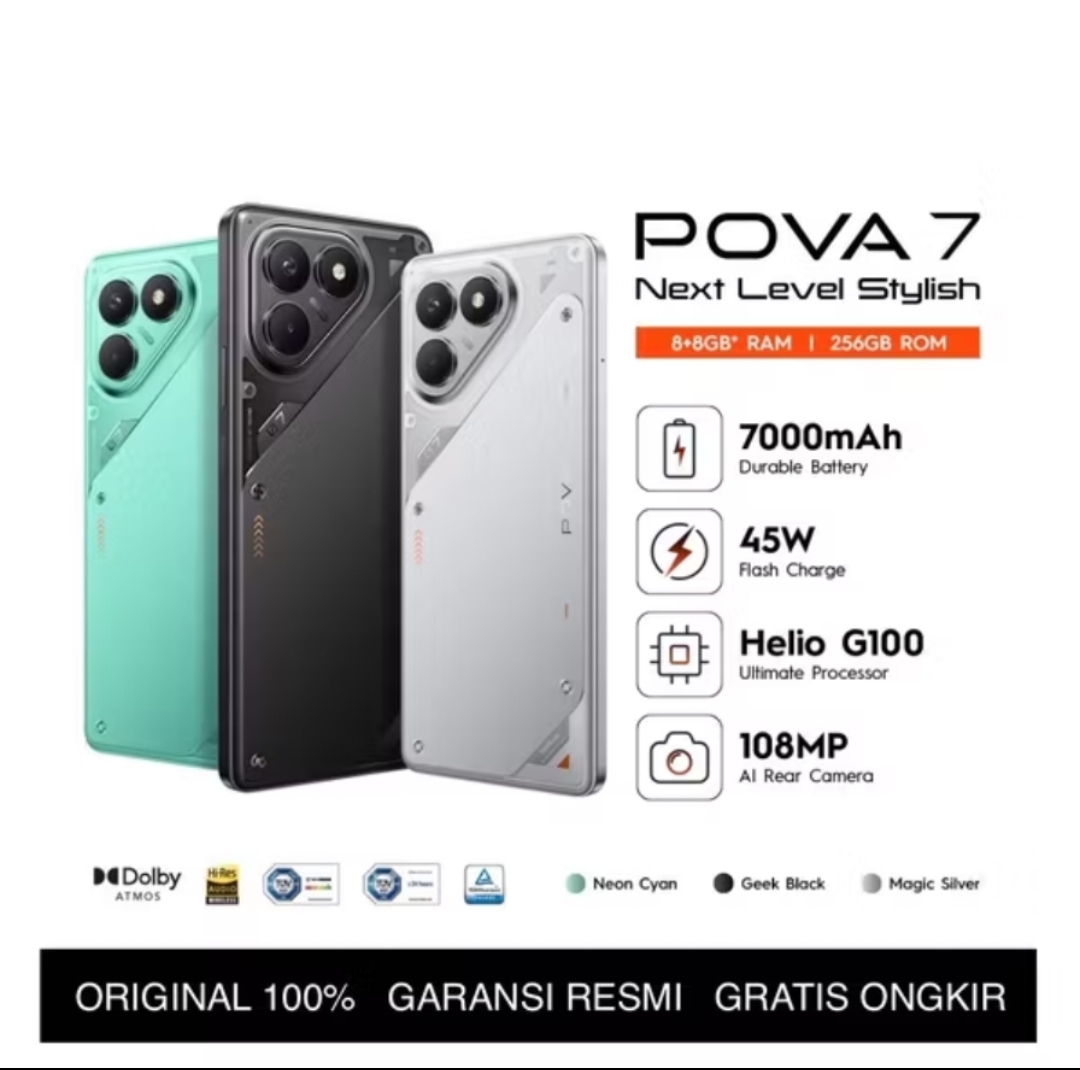 Tecno Pova 7 (8/128GB-8/256GB) Extended RAM 8GB - Helio G100 - 108MP Dual Camera - 6.78 inci IPS LCD - 7000mAh Charging 45W Garansi Resmi 12+1 Bulan Giá 2,343,000 Đồng*Miễn phí vận chuyển