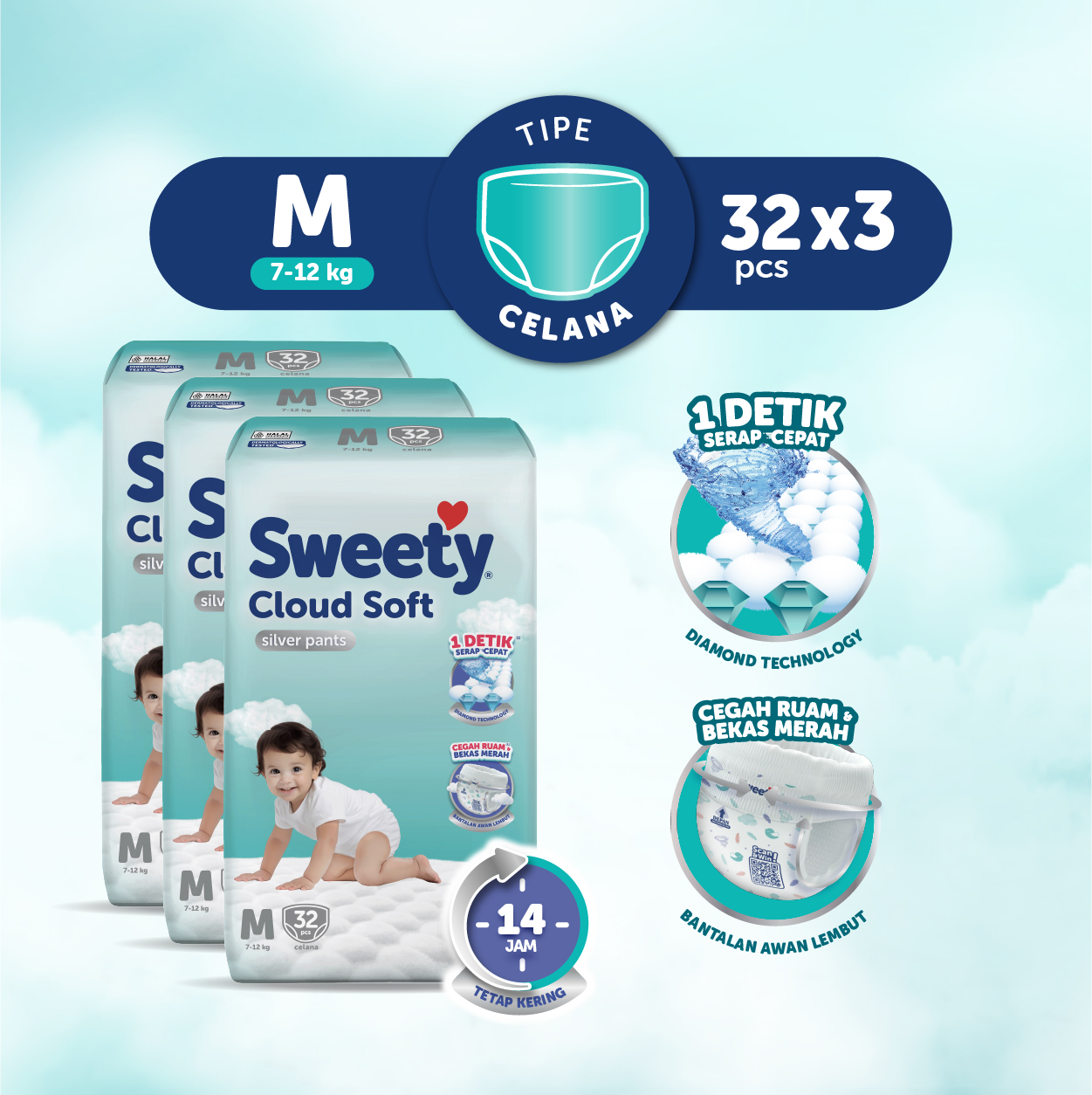 Sweety Silver Pants Cloud Soft M32 isi 3 pcs [Karton] Harga 133,600 rupiah*Gratis Ongkir
