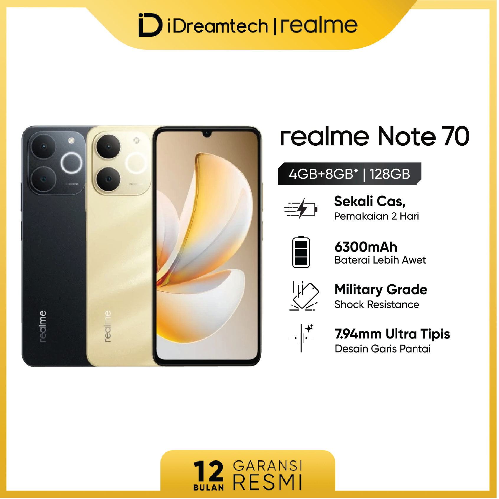 Realme Note 70 4Gb+8Gb | 128Gb (6300Mah Big Battery | Military-Grade Shock Resistance | 7.94mm Ultra Thin | Pulse Light) Giá 1,485,000 Đồng*Miễn phí vận chuyển