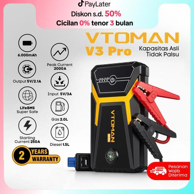 BEST SELLER VTOMAN V3 PRO JUMPER AKI MOBIL DAN MOTOR KAPASITAS 6000MAH JUMPER AKI KENDARAAN, POWERBANK PORTABLE CAR JUMPER AKI POWERBANK JUMPER AKI UNTUK MOBIL 12V JUMPER MOBIL KEKINIAN MURAH PREMIUM QUALITY PRIA WANITA BISA COD PERTOLONGAN DARURAT URGENT Harga 1,371,000 rupiah*Gratis Ongkir