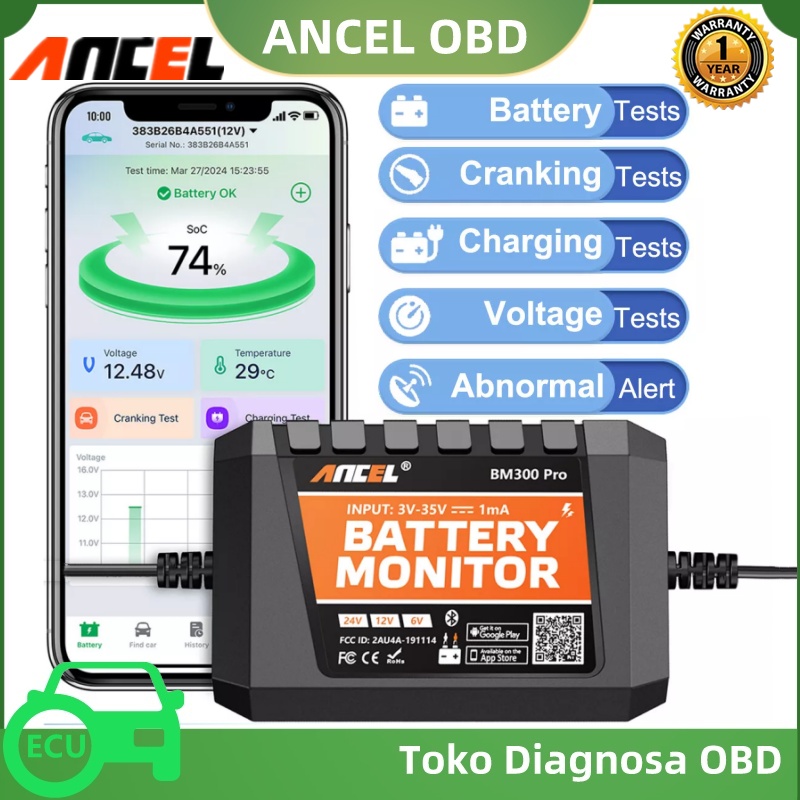 ANCEL BM300 PRO Bluetooth Battery Tester 6V/12V/24V Battery Monitor Tester Analyzer Circuit Cranking/Charging Test Tools For Car Motorcycle Truck Harga 490,000 Ringgit*Penghantaran Percuma