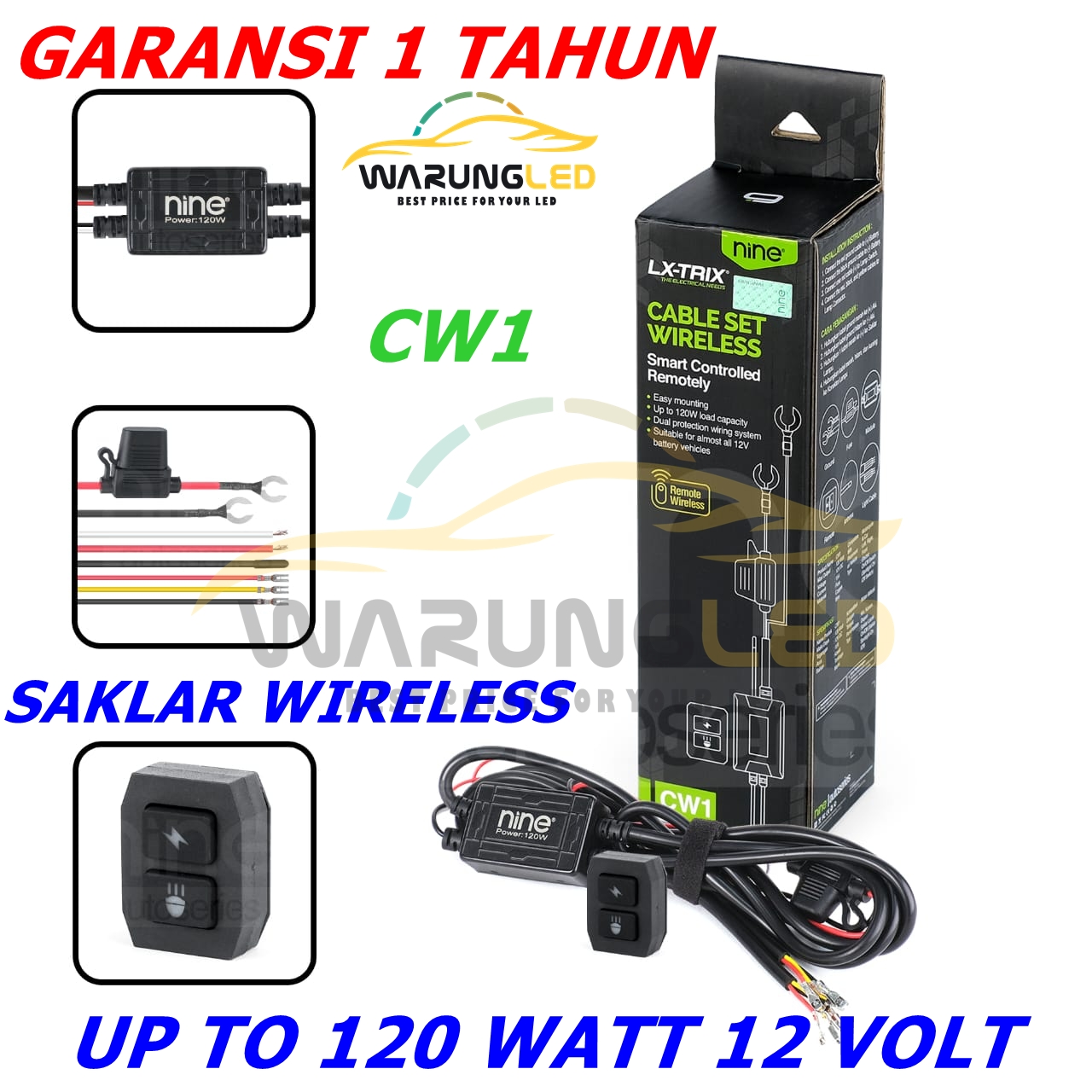 Relay Cable Set + Wireless Switch Nine Lx Trix Cw1 up to 120 Watt 12 Volt Motorcycle Car Suitable for All Lights Harga 199,900 rupiah*Gratis Ongkir