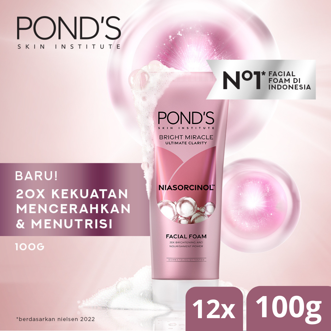 Pond's bright miracle ultimate clarity niasorcinol facial foam 100gr - 20x powers brighten & Nourish X12 - Merek Pond's Harga 334,400 rupiah*Gratis Ongkir