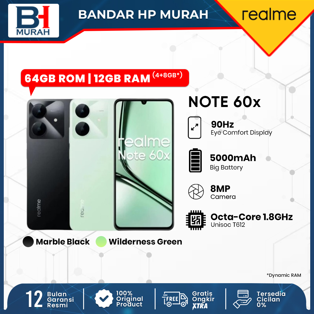 Official Realme Note 60x 4GB+8GB* / 64GB 4+64GB Battery IP54 5000mAh Garansi Resmi Giá 1,094,000 Đồng*Miễn phí vận chuyển