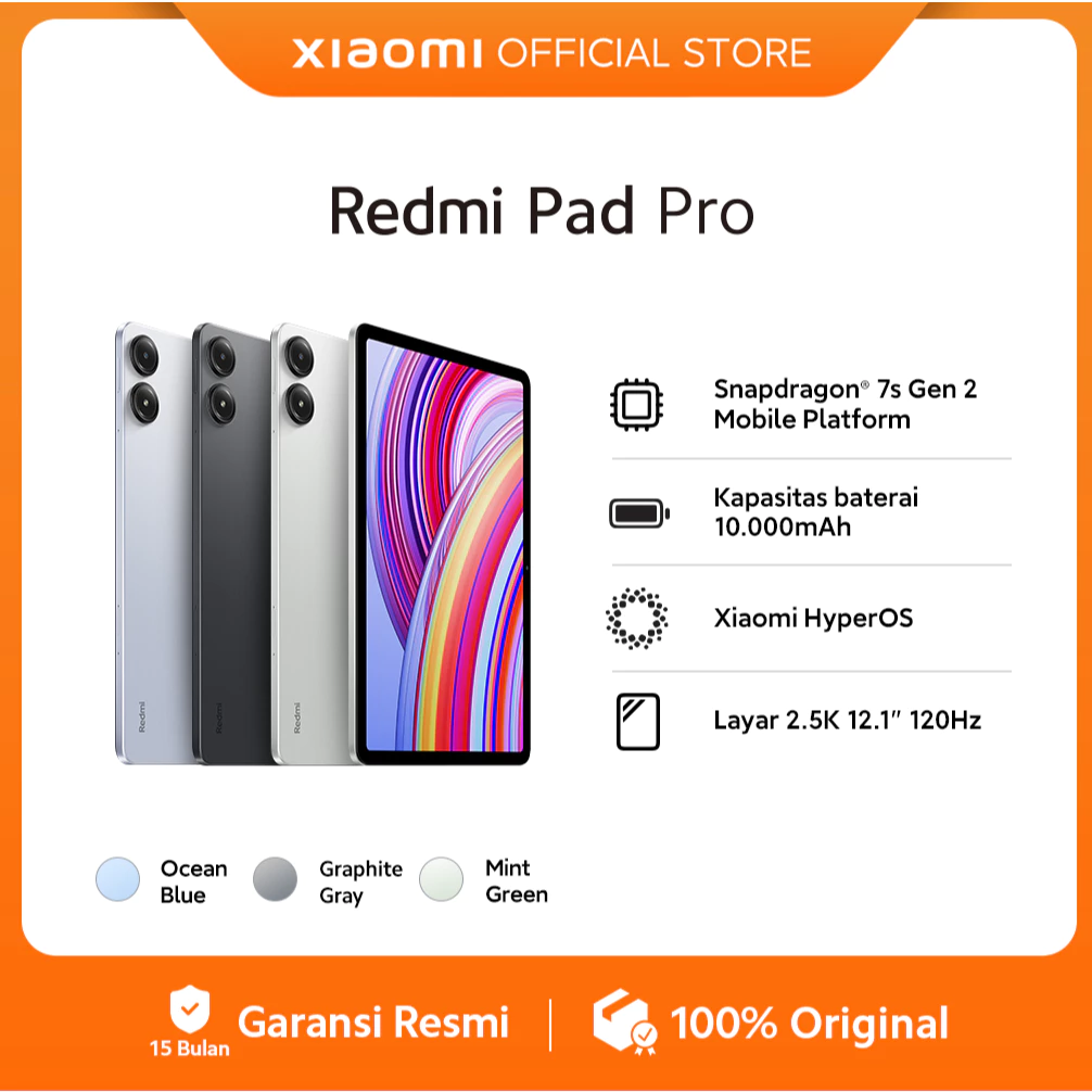 Xiaomi Redmi Pad Pro (8/256GB) | Snapdragon 7s Gen 2 Mobile Platform | Xiaomi HyperOS | Baterai 10.000 mAh [ Official Store ] Harga 4,298,000 rupiah*Gratis Ongkir