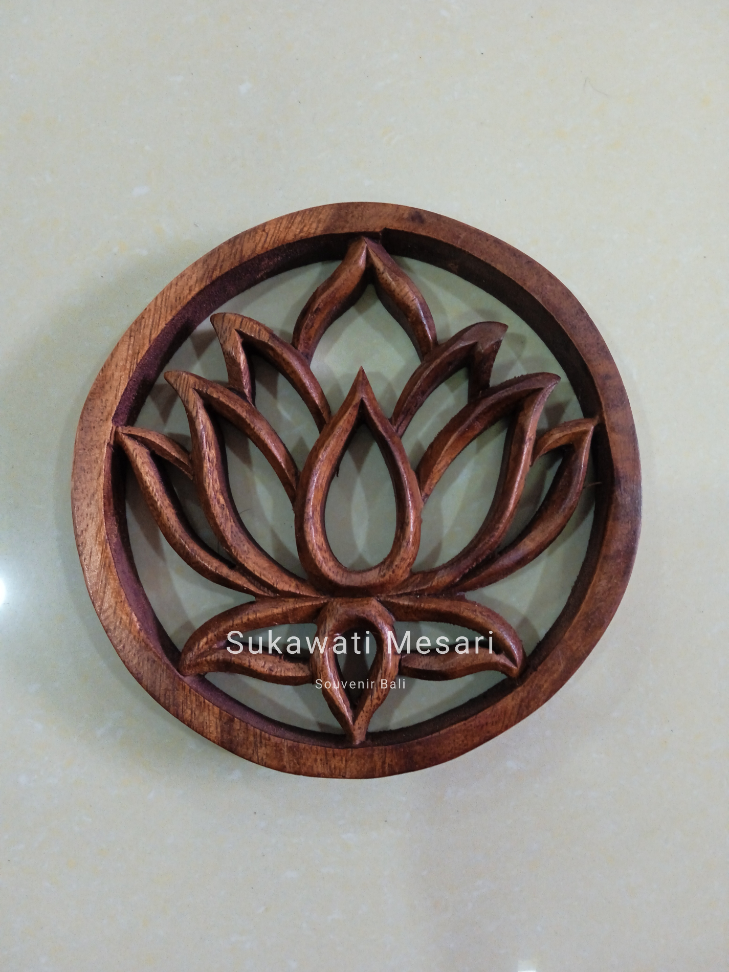 Dekorasi Ukiran Lotus Kayu Bali Handmade Panil 15cm Souvenir Khas Bali