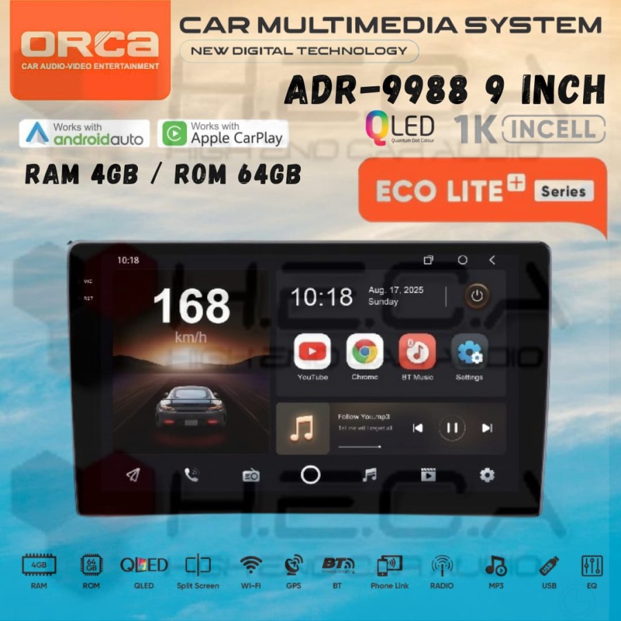 Orca Eco Lite+ Series 4/64 Gb 9 Inch Android Lite Plus Adr-9988 Head Unit Tape Tv Car Lite + Harga 1,540,000 rupiah*Gratis Ongkir