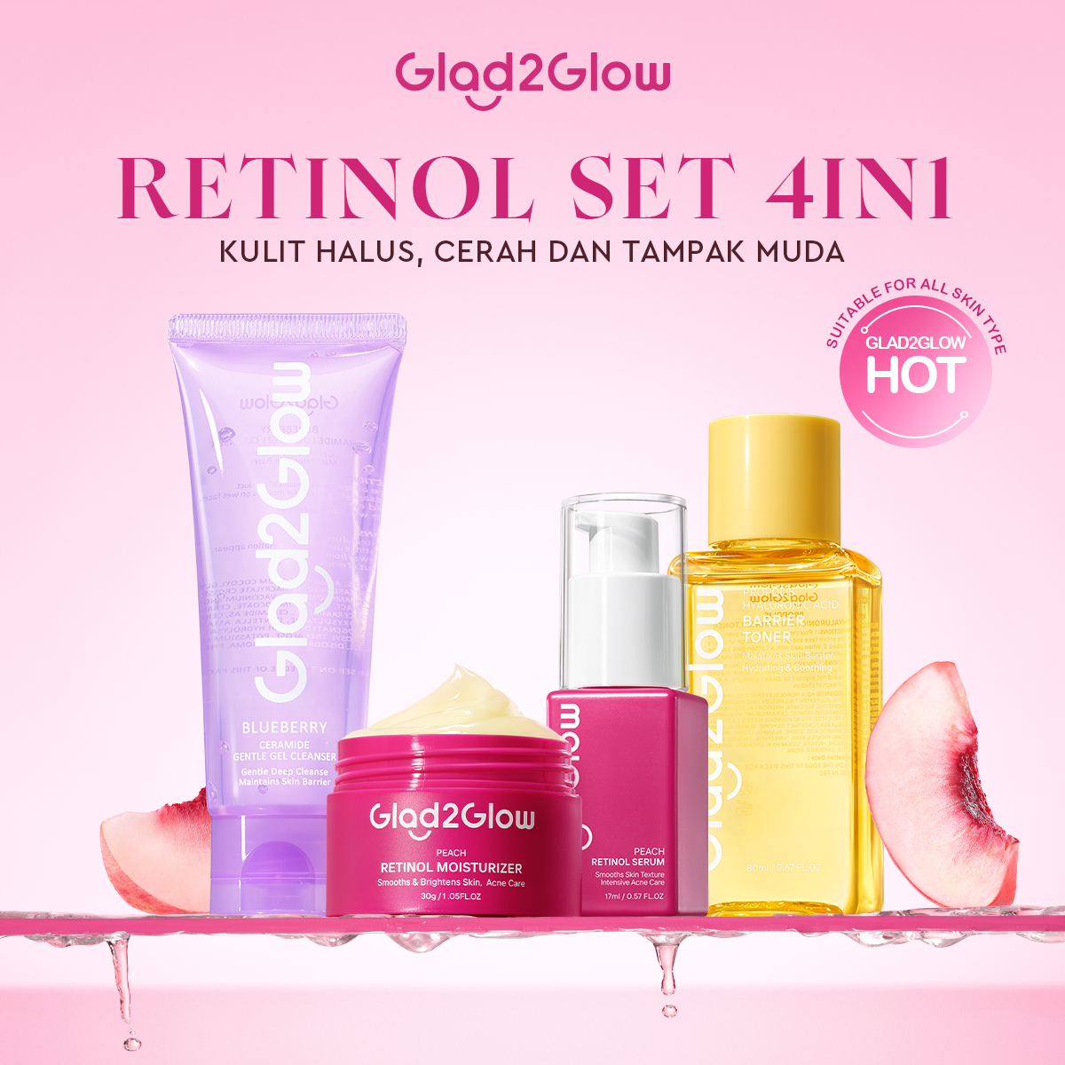 Gla-2glow Paket 4PCs set skincare bundle face wash + Toner + serum + moisturizer acne set glowing set…