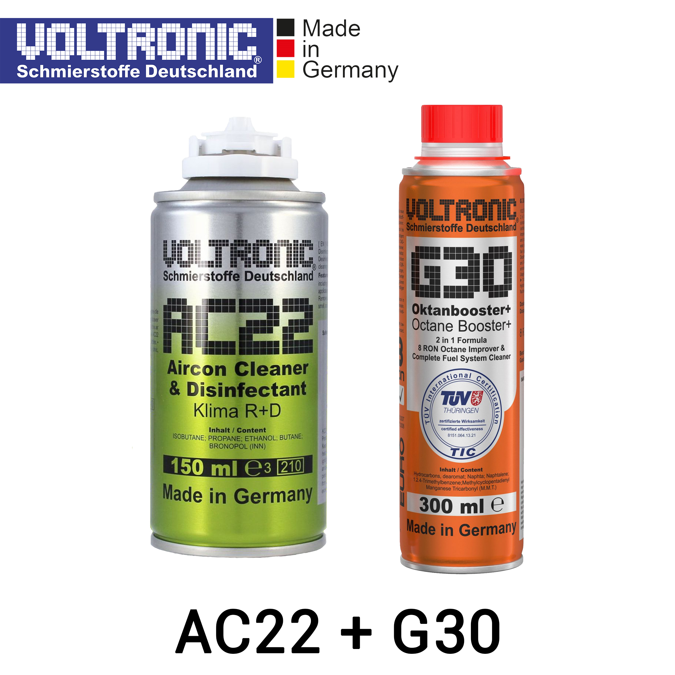 VOLTRONIC AC22 + G30 Bundling Set; Aircon + Evaporator Cleaner & Disinfectant - Pembersih AC Mobil Biar Dingin dan Membunuh Kuman Disinfektan; Octane Booster 8 RON & Complete Fuel System Cleaner - Cairan Penambah Oktan Bensin, Pembersih Tangki Bensin Harga 659,000 rupiah*Gratis Ongkir